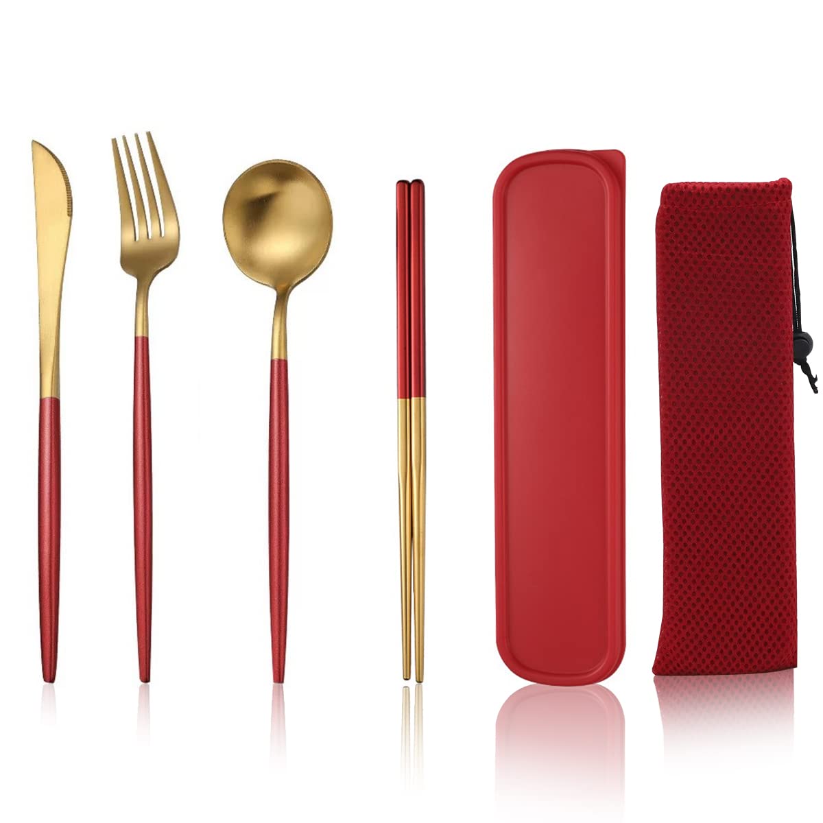 Supvox 410 Stainless Steel Knife Fork Spoon Chopstick Set, Portable Travel Utensil Flatware Sets with Case, 4Pcs Spoon Fork Knife Chopstick for Picnic Camping Travel & Outdoor Lunch (Red Gold) Supvox 410 Stainless Steel Knife Fork Spoon Chopstick Set, Portable Travel Utensil Flatware Sets with Case, 4Pcs Spoon Fork Knife Chopstick for Picnic Camping Travel & Outdoor Lunch (Red Gold)